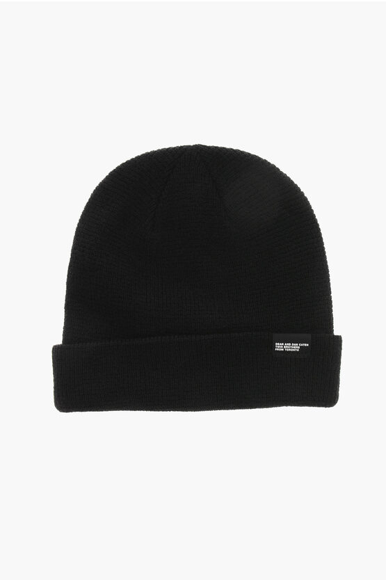 Dsquared2 Solid Color Wool Beanie With Contrasting Patch In Black
