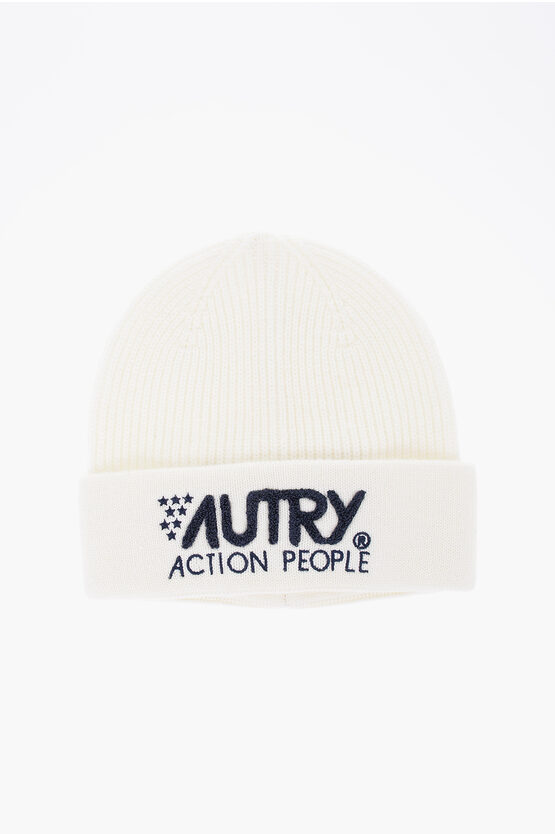 Shop Autry Solid Color Wool Blend Beanie With Contrasting Logo