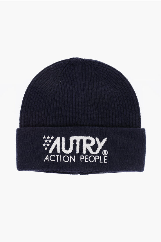 Shop Autry Solid Color Wool Blend Beanie With Contrasting Logo