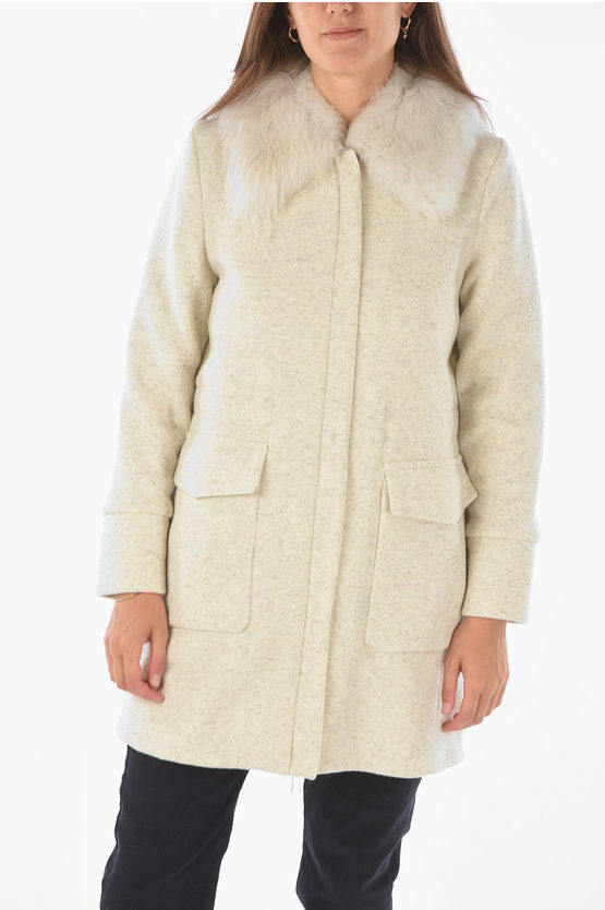 Shop Woolrich Solid Color Wool Blend Coat With Real Fur Details