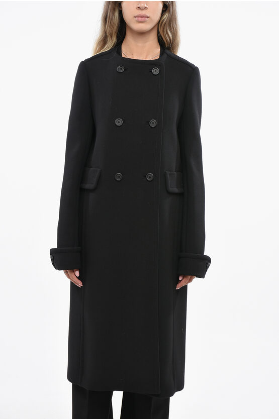Miu Miu Solid Color Wool Double Breasted Natte' Coat In Black