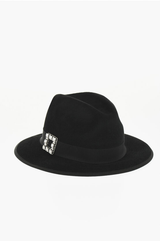 Roger Vivier Solid Color Wool Felt Tres Viver Fedora Hat With Rhinestones