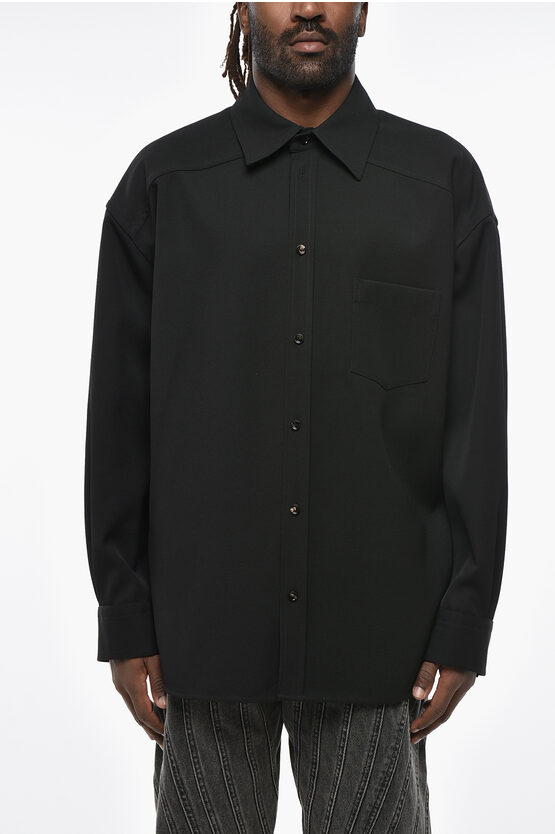 Bottega Veneta Solid Color Wool Overshirt With Breast Pocket In Black