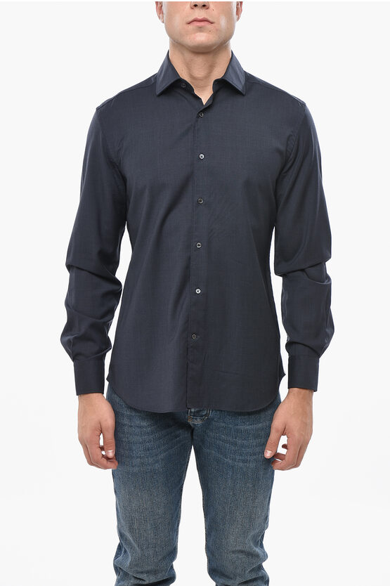 Corneliani Solid Color Wool Shirt With Spread Collar In Blue