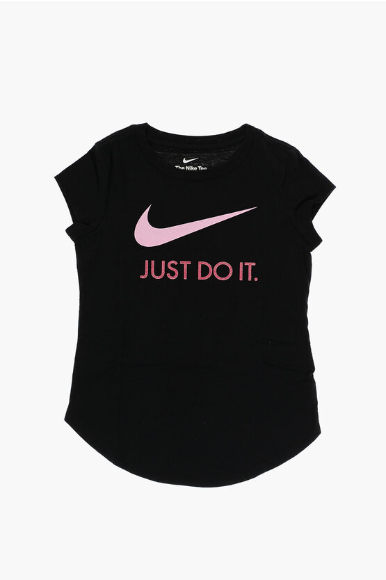 Nike Kids' Solid Colour Crew-neck T-shirt With Glitter Logo In Black