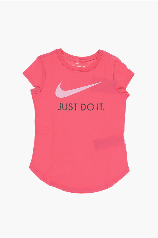 Nike Solid Colour Crew-neck T-shirt With Glitter Logo In Pink