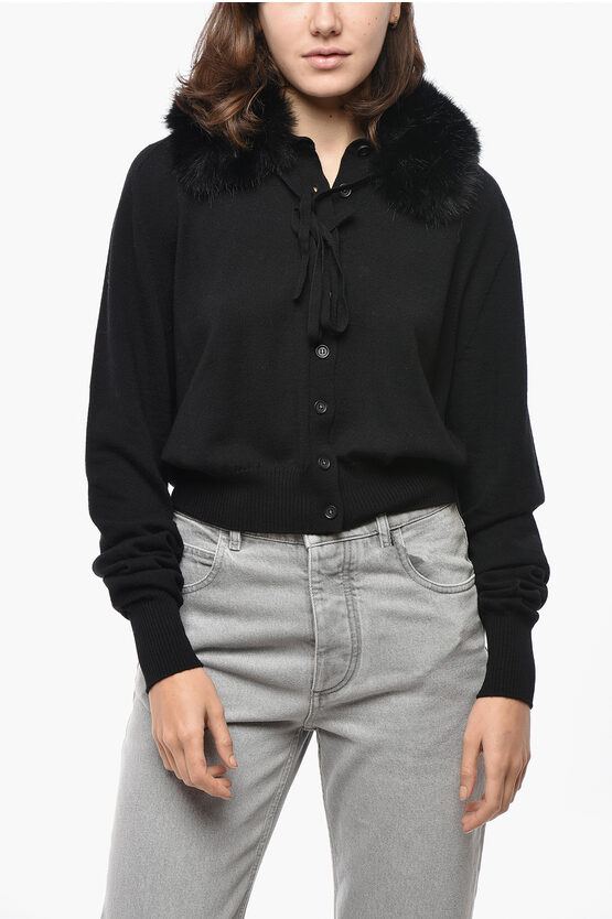 Max Mara Sportmax Wool Sport Cardigan With Eco-fur Collar In Black