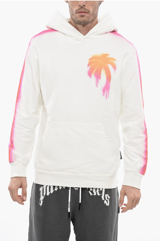 Palm Angels Sprayed Palm Hoodie Sweatshirt With Multicolored Print In White