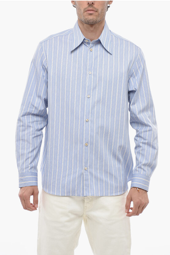 Shop Gucci Spread Collar Cotton Shirt With Balanced Stripe Motif