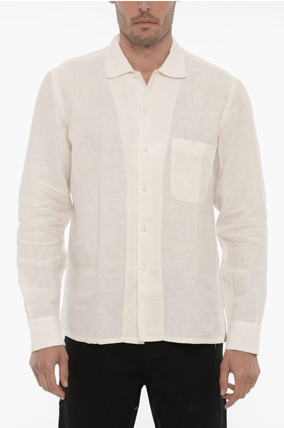 Salvatore Piccolo Spread Collar Linen Justin Shirt With Breast Pocket In Neutral