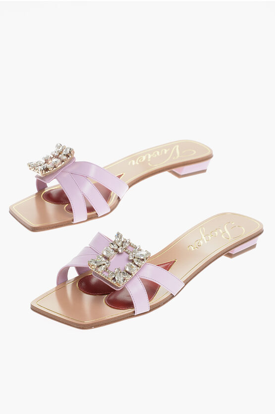 Roger Vivier Square Toe Leather Sandals With Rhinestone Embellished Buckl In Pink