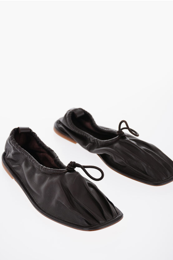 Hereu Square Toe Soft Leather Puntera Ballet Flats With Pleated De In Black