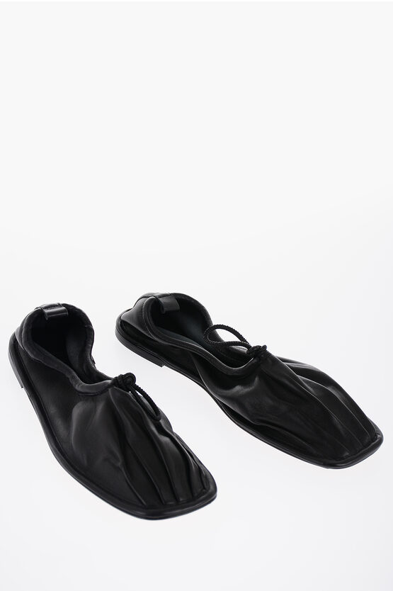 Hereu Square Toe Soft Leather Puntera Ballet Flats With Pleated De In Black