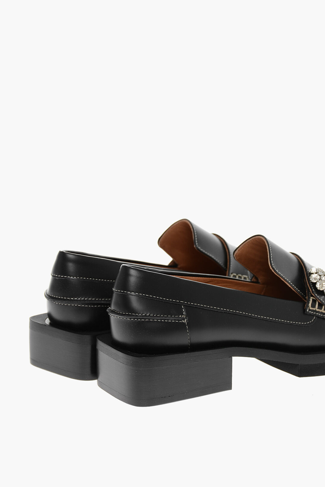 Ganni Squared Heel Leather Loafers with Jewel Detail 4cm