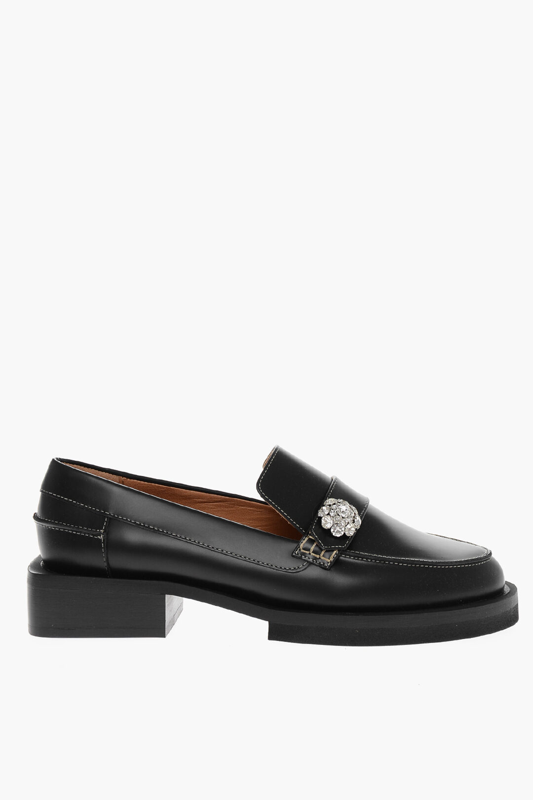Ganni Squared Heel Leather Loafers with Jewel Detail 4cm