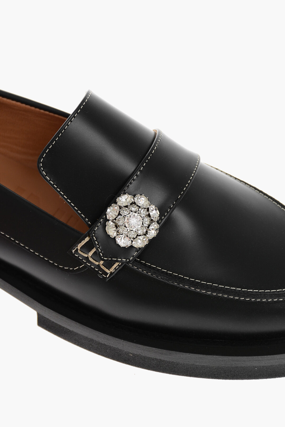 Ganni Squared Heel Leather Loafers with Jewel Detail 4cm