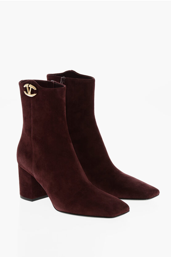 Valentino Squared Toe Suede Booties 7cm In Burgundy
