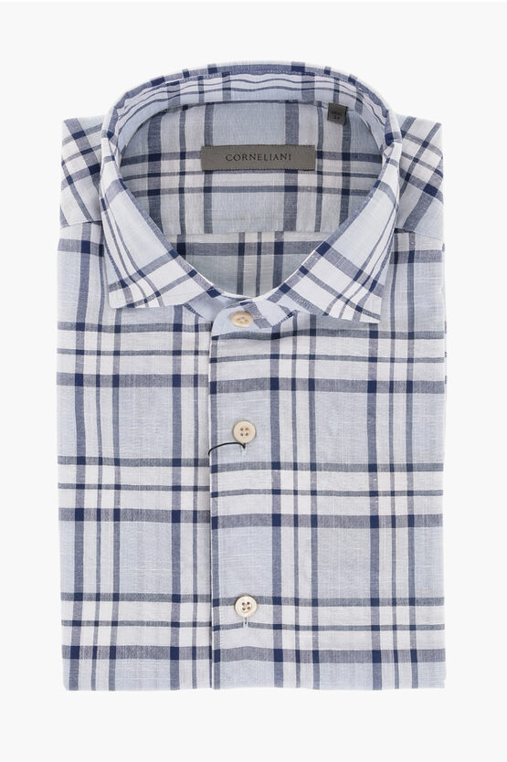 Corneliani Standard Collar Tartan Cotton Shirt In Gray