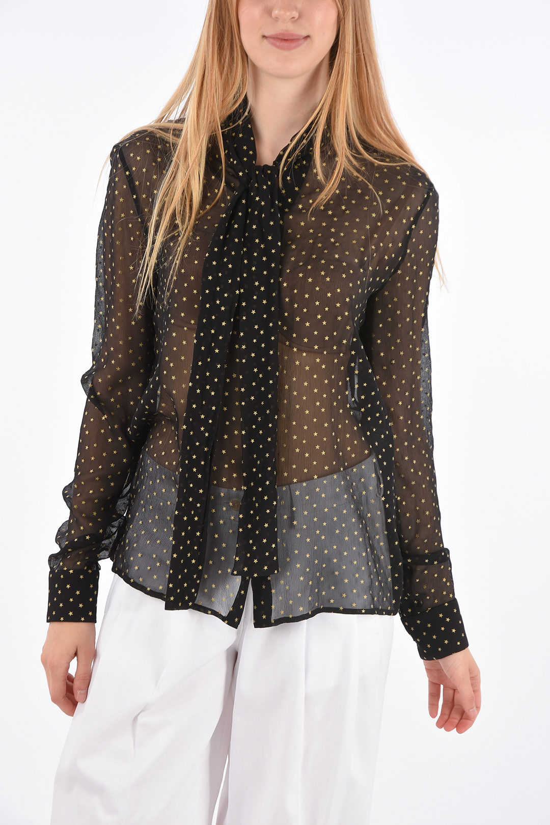 Saint Laurent Star Printed Silk Tie Neck Shirt women - Glamood Outlet