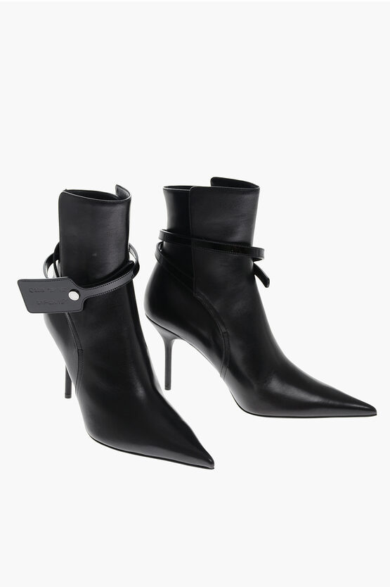 Off-white Stiletto Heel Zip Tie Leather Booties 9cm In Black