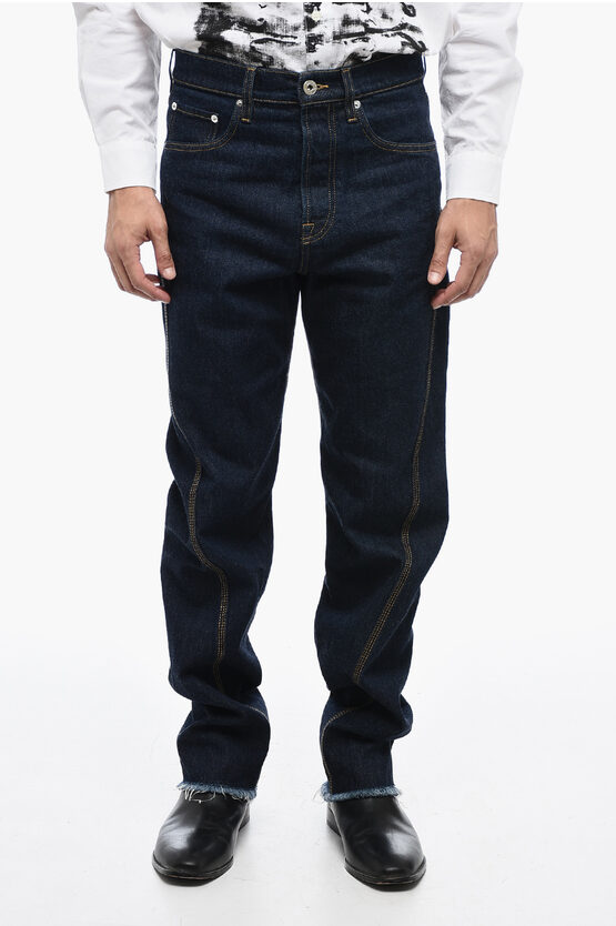 Shop Lanvin Stitch Detailing Straight Fit Denims With Fringed Hem 21cm