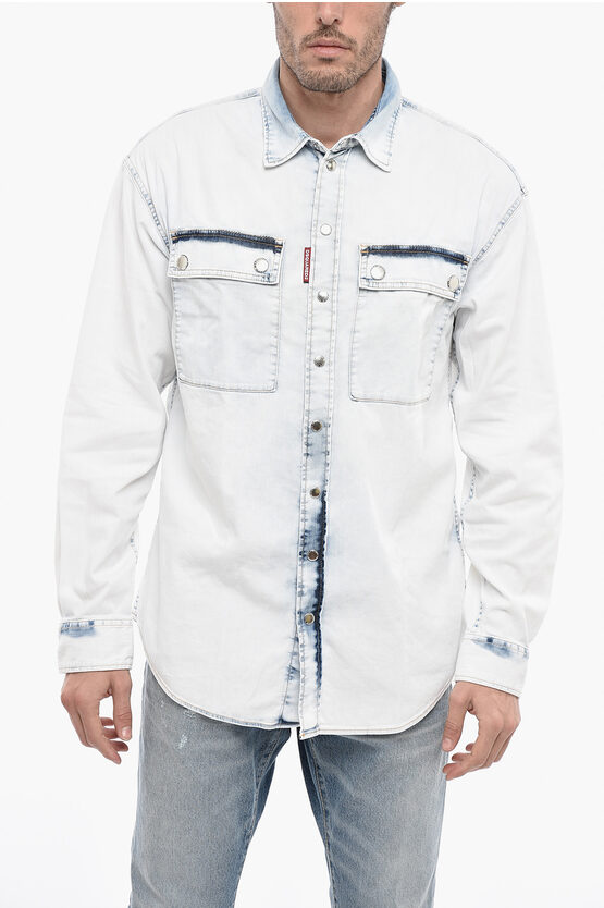 Dsquared2 Stone Washed Denim Shirt With Snap Buttons In White