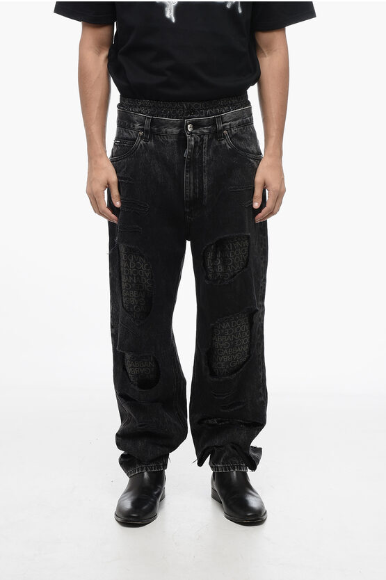 Shop Dolce & Gabbana Stone Washed Distressed Denims With Monogram Silk Details 22