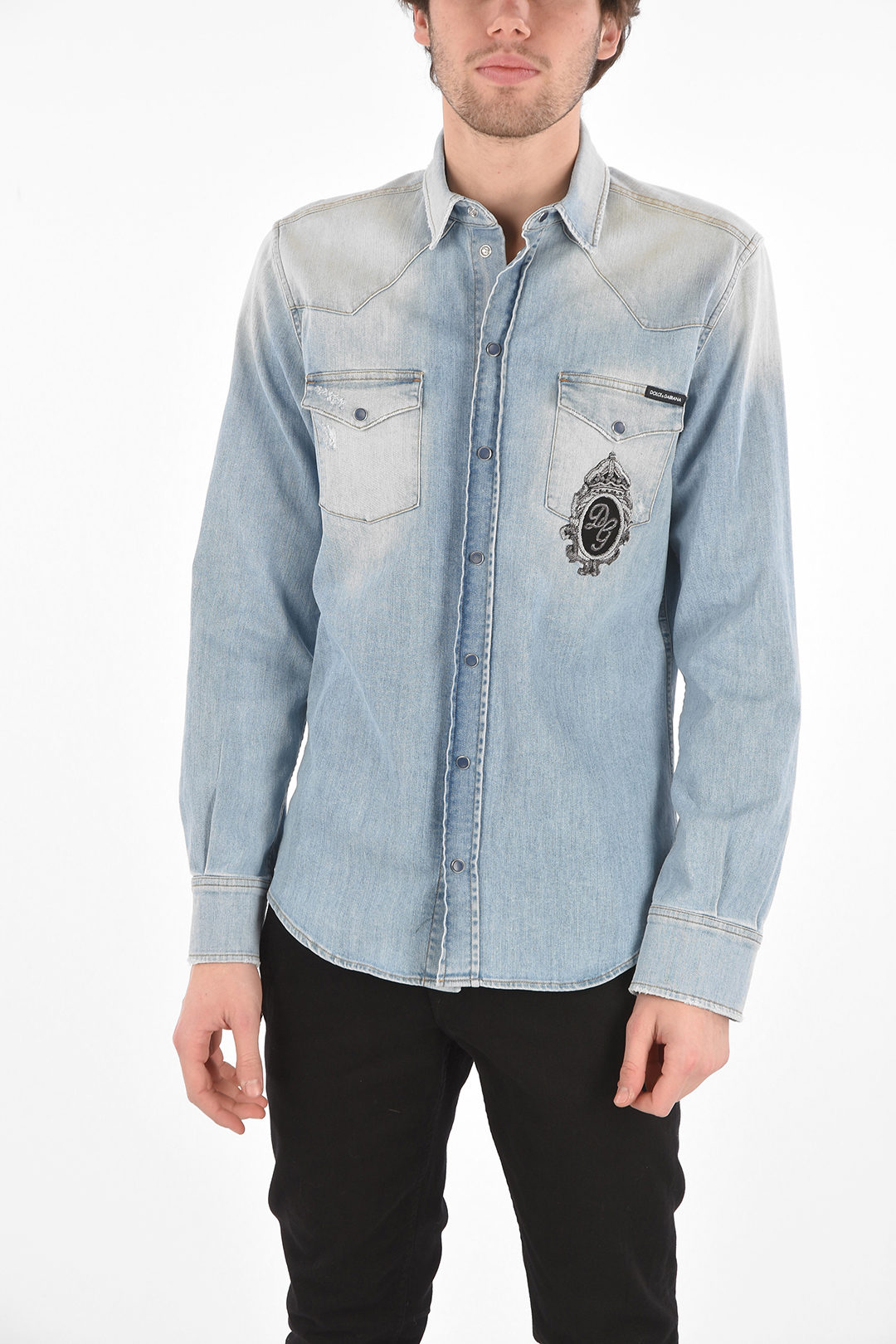 Duke London Men's Long Sleeve Western Denim Shirt - Stonewash Blue, Popper Fasten Front, Chest Pockets, Size M - View #2