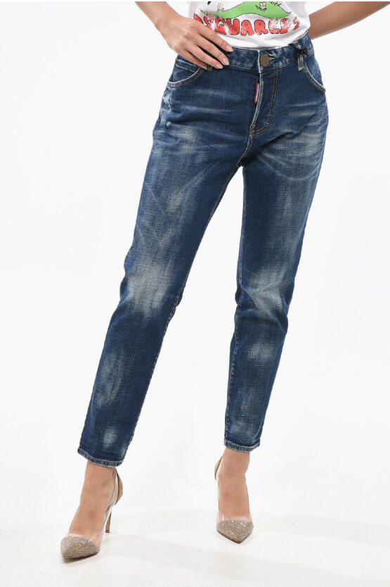 Dsquared2 Straight Leg Cool Girl Jeans With Logoed Buttons 16cm In Blue
