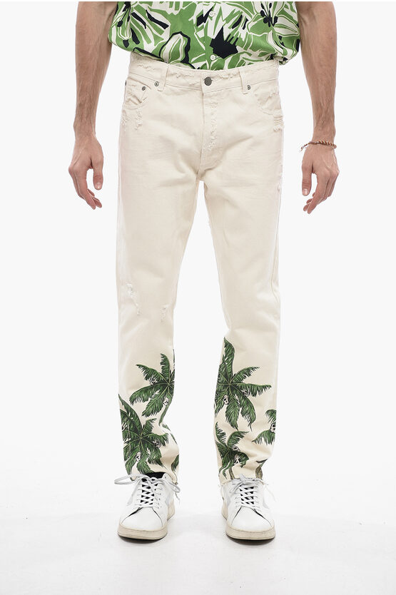 Palm Angels Straight-leg Denims With Palm Print In White