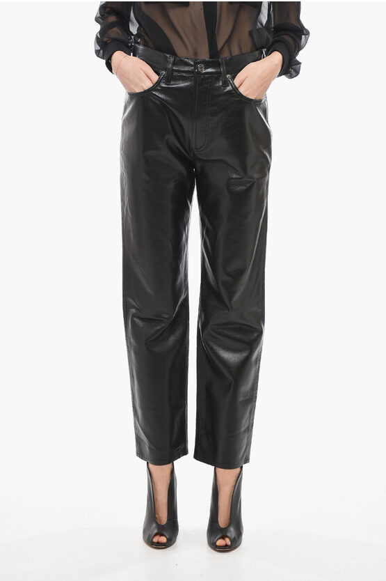 Agolde Straight Leg Leather Trousers With 5 Pockets In Black
