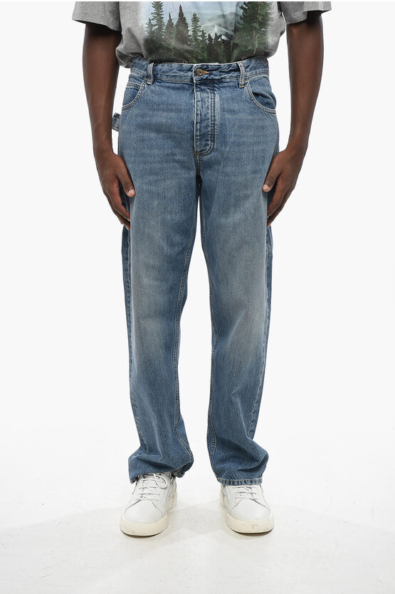 Bottega Veneta Straight Leg Regular Fit Jeans With Leather Patch 22cm In Blue