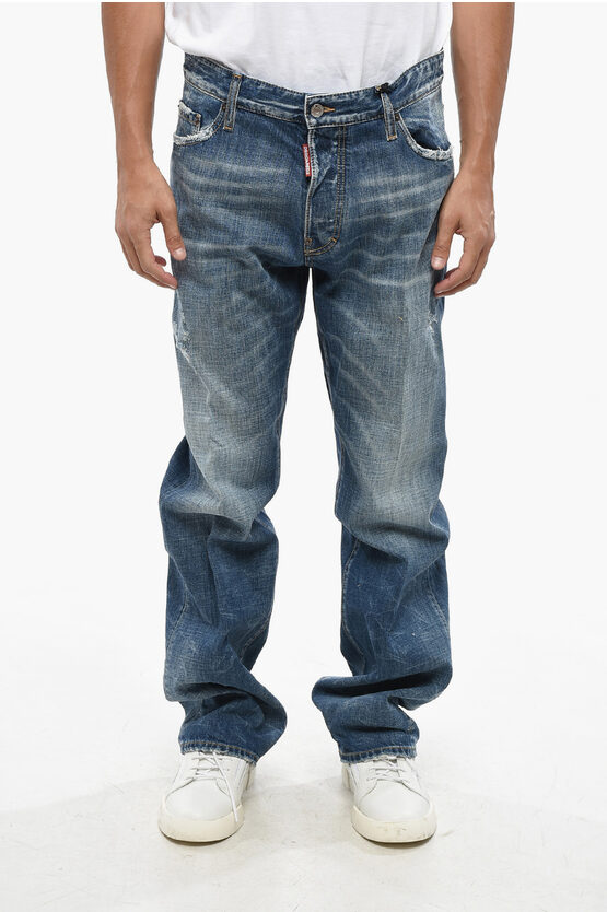 Dsquared2 Straight Fit Big Jeans With Logoed Bands And Side Buttons 27 In Blue
