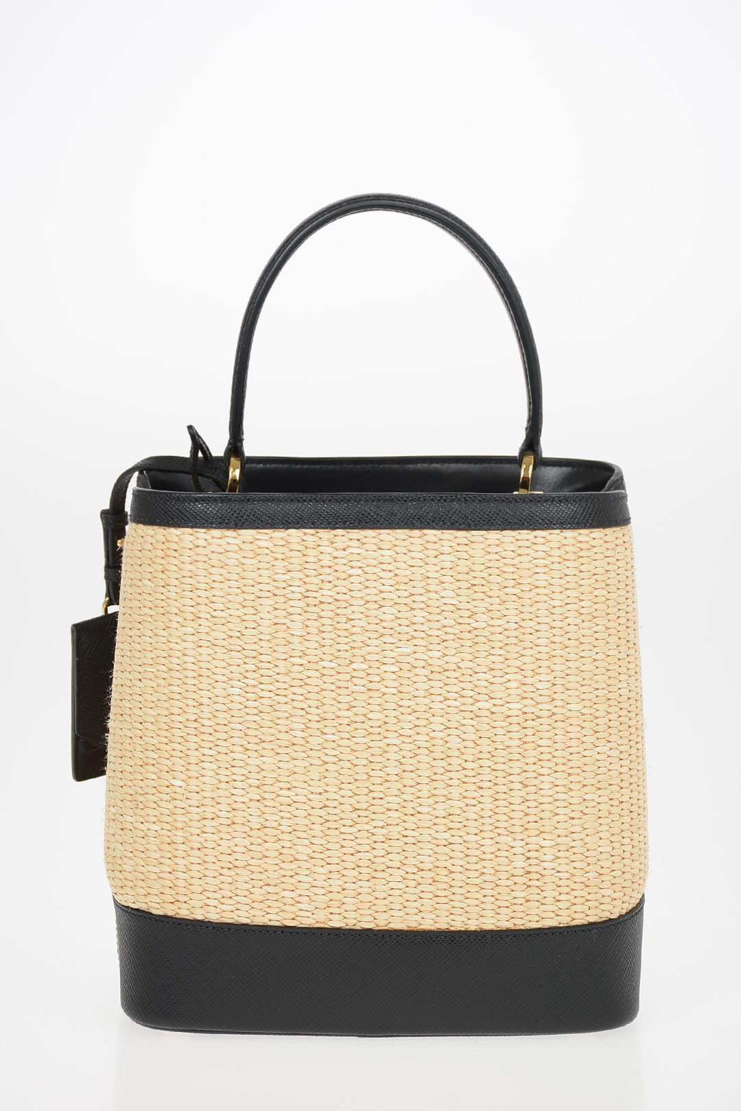 Straw Bucket Bag with Saffiano Leather Trimmings