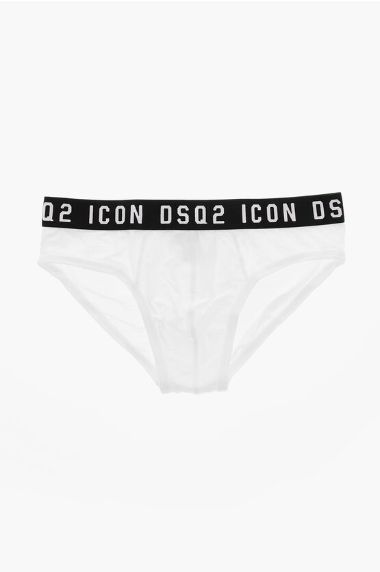 Dsquared2 Stretch Cotton Icon Briefs With Logoed Waistband In White