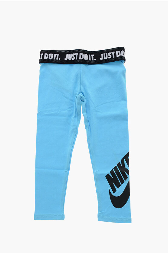 Nike Stretch Cotton Leggings With Printed Contrasting Logo In Blue