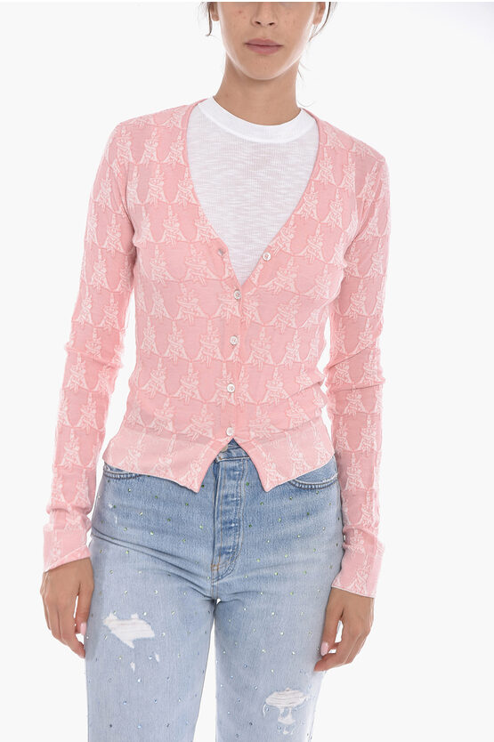 Amiri Stretch Cotton Monogram Patterned Cardigan In Pink