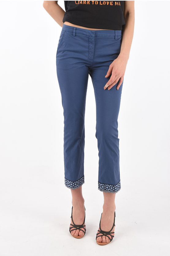 True Royal Stretch Cotton Pants With Embroidery On The Bottom In Blue