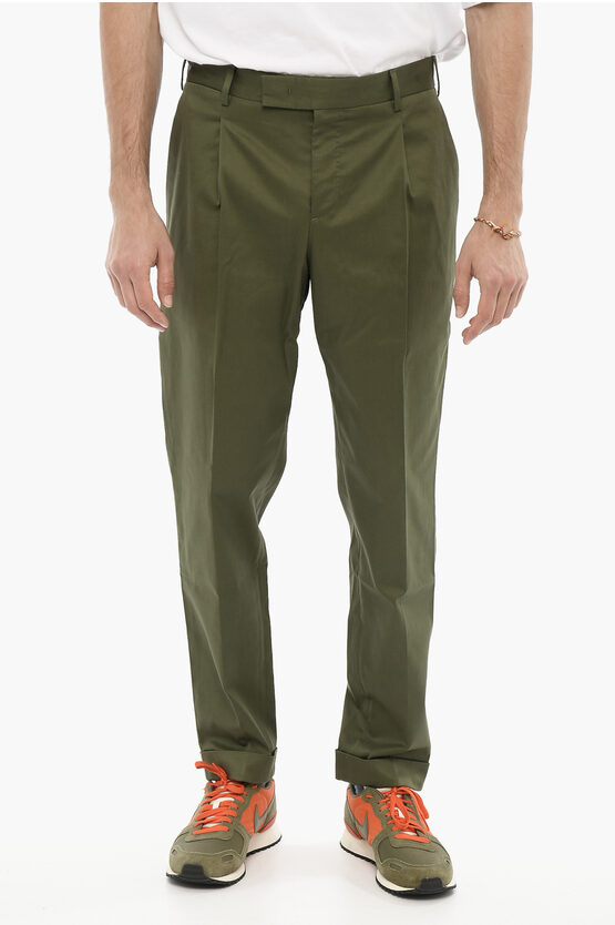 Pt01 Stretch Cotton Single-pleat Pants With Cuffed Hem In Green