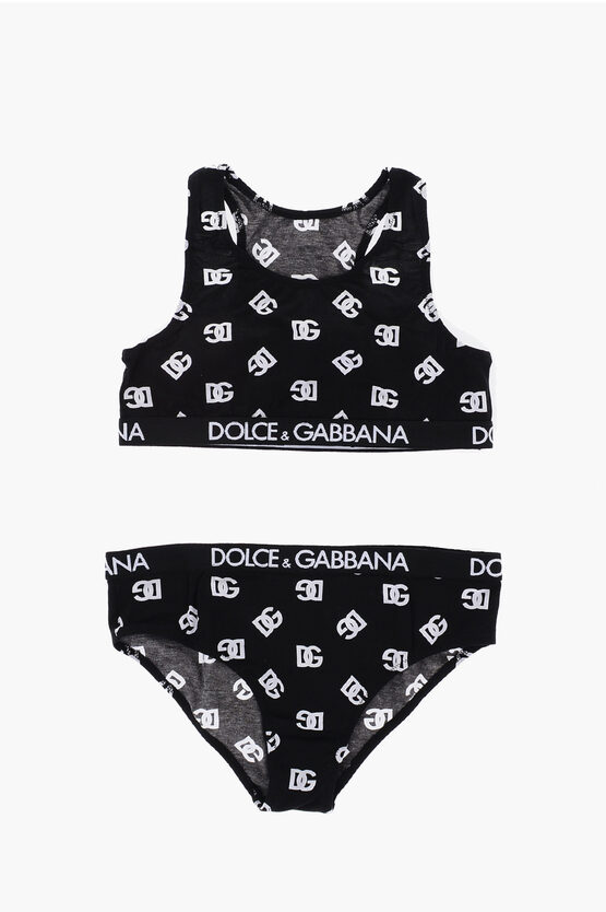Dolce & Gabbana Stretch Cotton Slip And Bralette Set With All-over Logo In Black