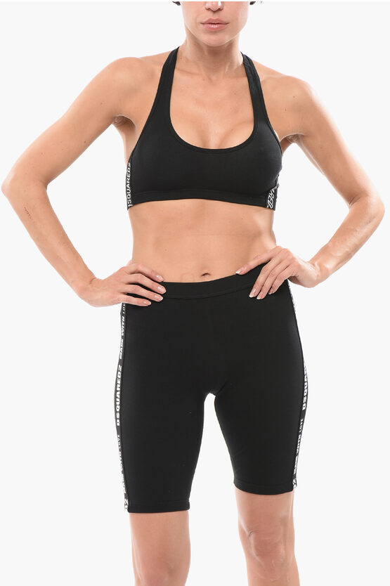 Dsquared2 Stretch Cotton Sport Bra With Logoed Bands In Black