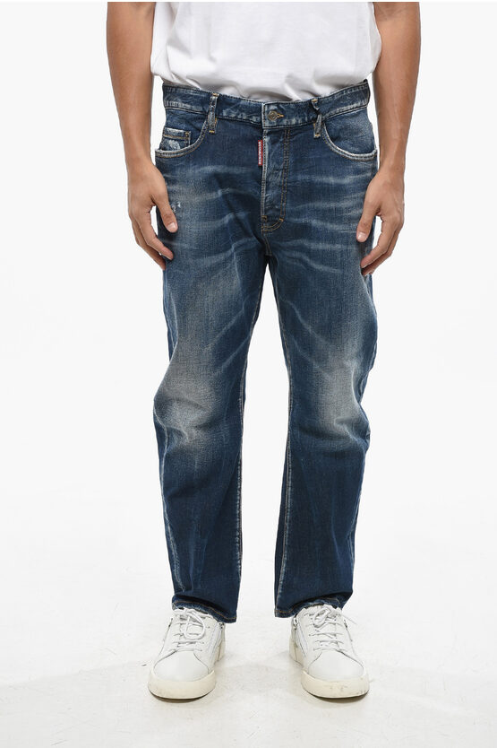 Dsquared2 Stretch Denim Bro Jeans With Logoed Patch On The Back 19cm In Blue