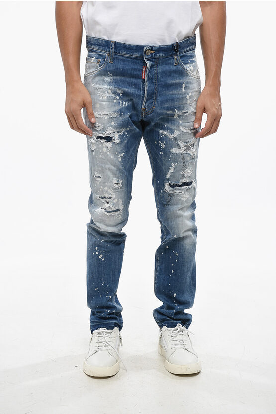 Dsquared2 Stretch Denim Cool Guy Jeans With Paint Effect Details 17cm In Blue