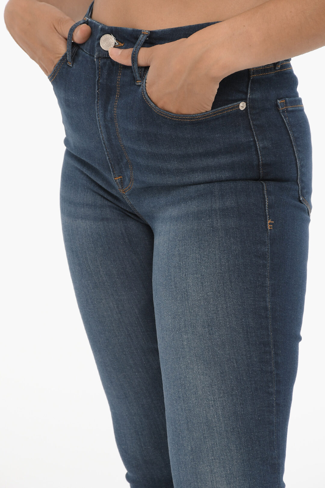 【EEUN】Mono Stitch Denim Mini Zazou - Denim And Regenerated Leather Mini Skirt - Mid Blue