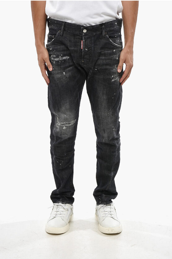 Dsquared2 Stretch Denim Sexy Twist Jeans With Paint Effect Details 17c In Black
