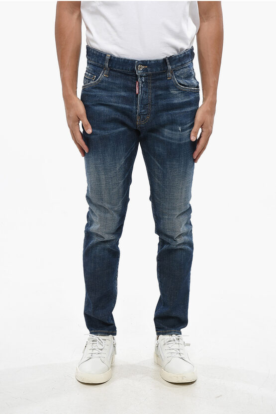 Dsquared2 Stretch Denim Skater Jeans With Leather Patch 15cm In Blue