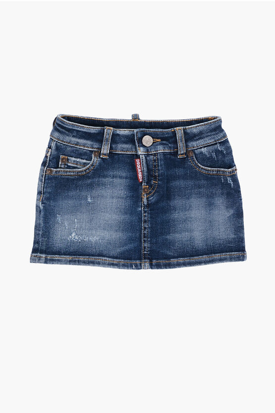 Dsquared2 Stretch Denim Skirt With Metal Logo And Floral Embroidery In Blue