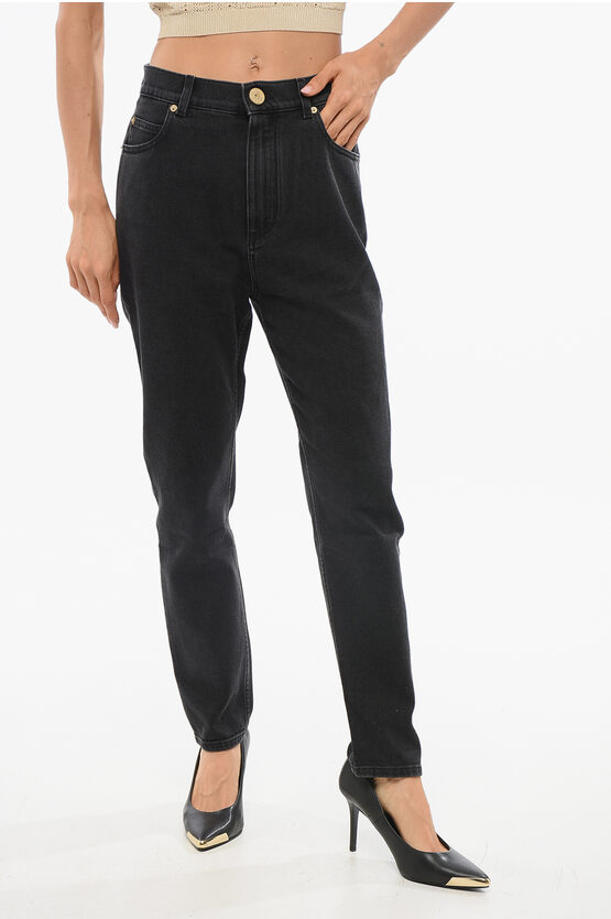 Balmain Stretch Denim Slim Fit Jeans With Golden Button 15cm In Black