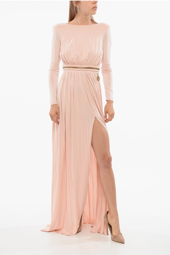Elisabetta Franchi Stretch Fabric Flared Dress With Chain Detail In Pink