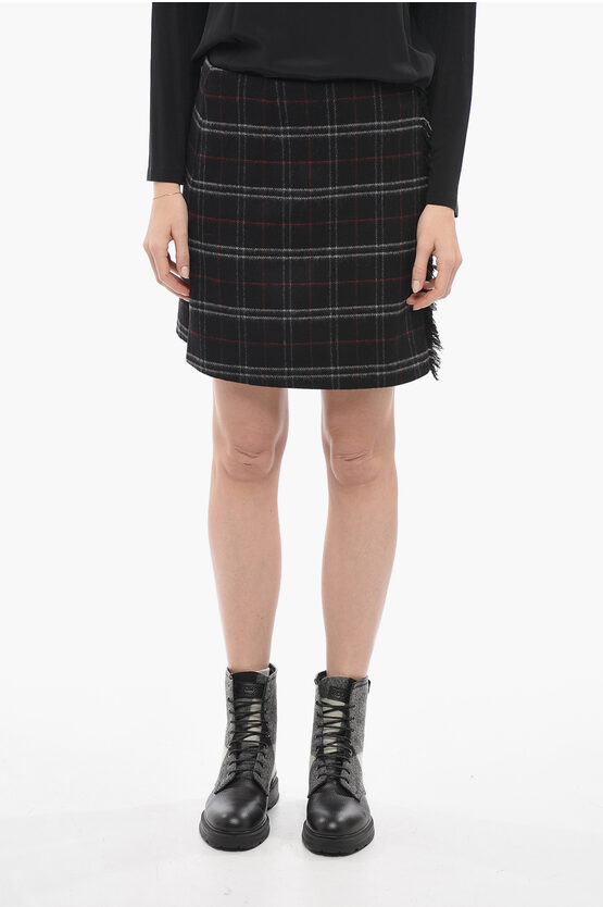 Shop Woolrich Stretch Wool Miniskirt With Fringed Detail